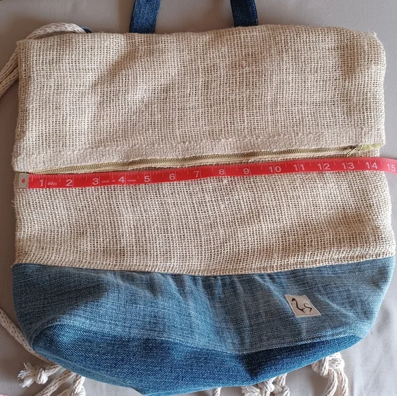 Handmade and Designed Denim and Burlap Backpack, Rucksack, Unique, Upcycled - Picture 6 of 10